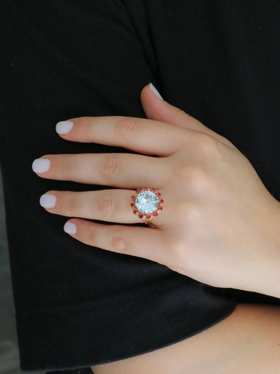 Bague cocktail aigue marine rubis - Castafiore