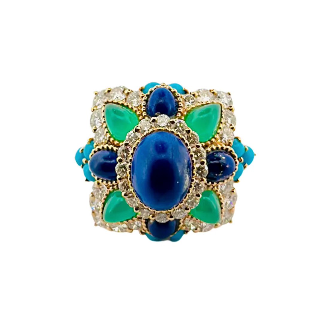 Bague Cocktail BOUCHERON en or jaune, lapis - lazuli, turquoise et diamants - Castafiore