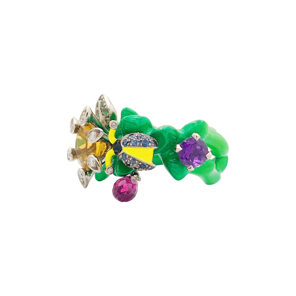 Bague Cocktail DIOR "Milly Carnivora" en or blanc, laque, citrine, améthyste, tourmaline, tsavorites, saphirs et diamants - Castafiore