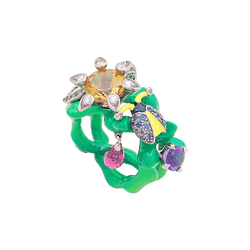Bague Cocktail DIOR "Milly Carnivora" en or blanc, laque, citrine, améthyste, tourmaline, tsavorites, saphirs et diamants - Castafiore