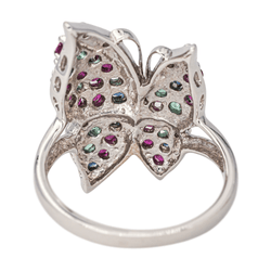 Bague Cocktail en or blanc, rubis, émeraudes, saphirs et diamants - Castafiore