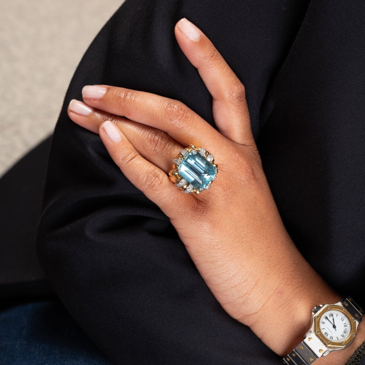 Bague Cocktail en or jaune, aigue-marine et diamants