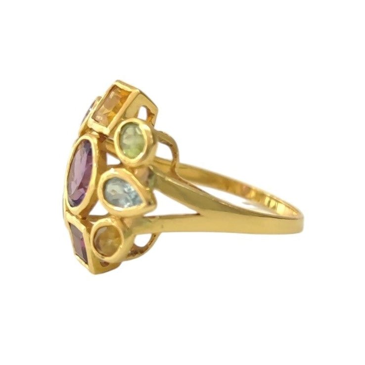 Bague Cocktail en or jaune, améthyste, péridots, aigues-marines, citrines et rhodolites - Castafiore