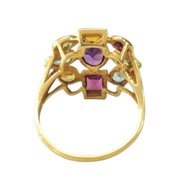 Bague Cocktail en or jaune, améthyste, péridots, aigues-marines, citrines et rhodolites - Castafiore