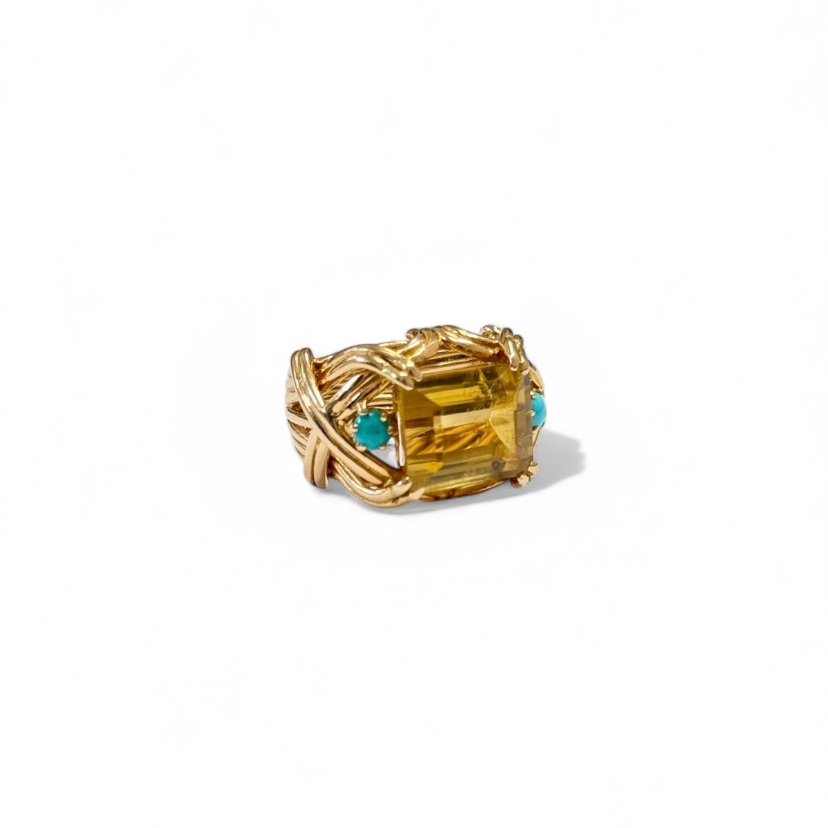 Bague Cocktail en or jaune, citrine et turquoises - Castafiore