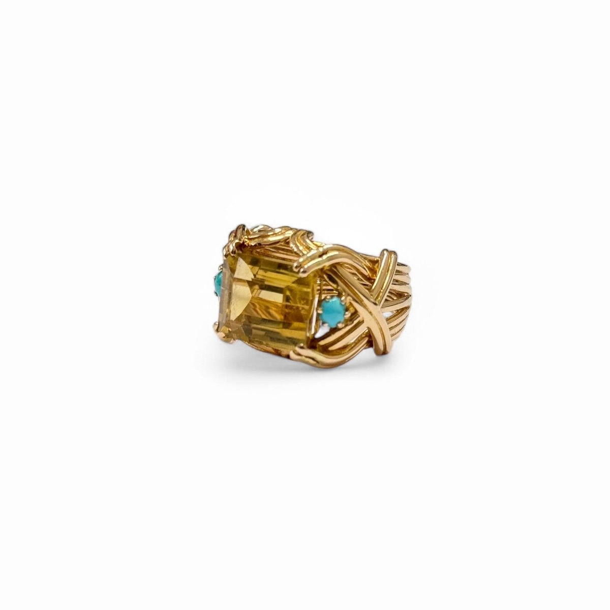 Bague Cocktail en or jaune, citrine et turquoises - Castafiore
