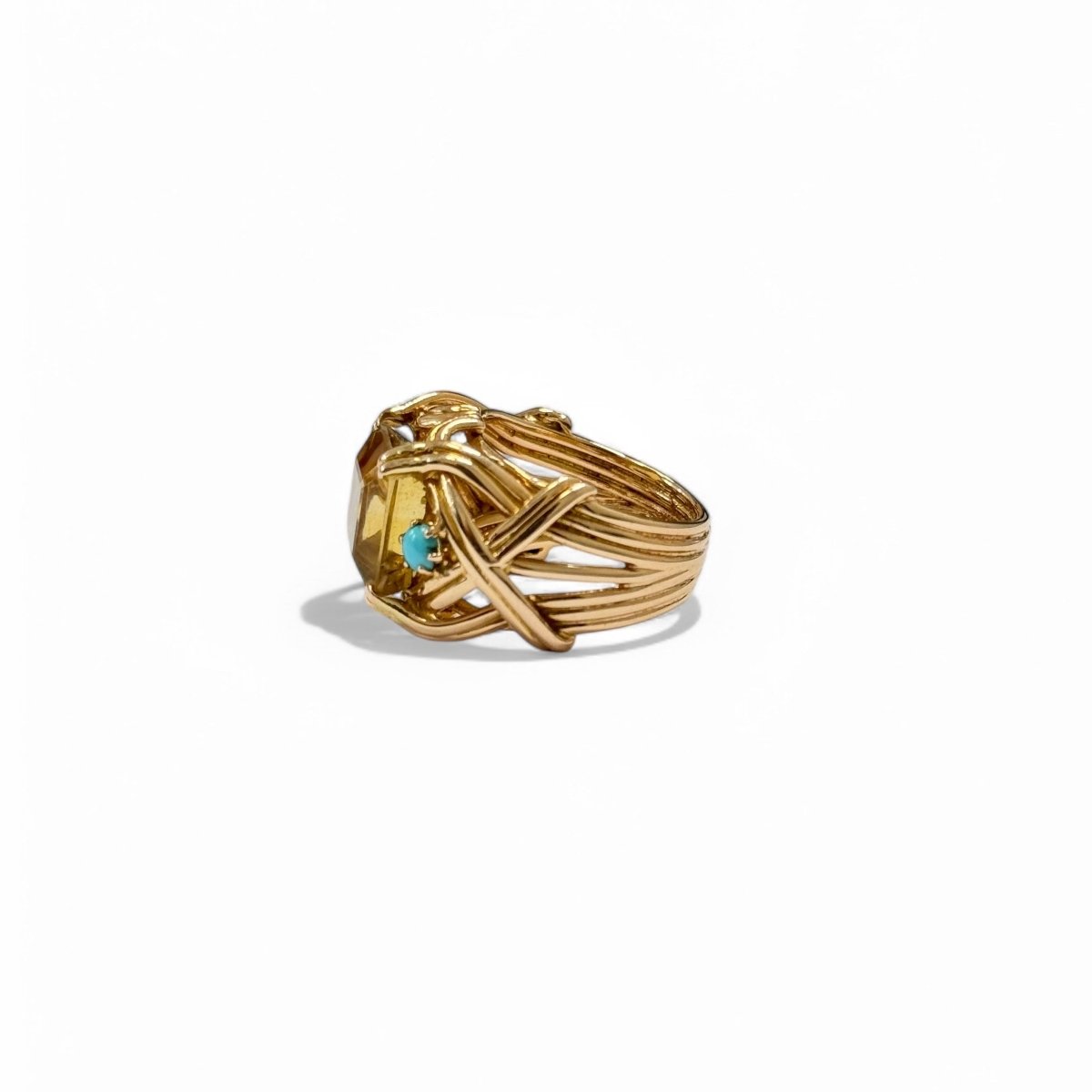 Bague Cocktail en or jaune, citrine et turquoises - Castafiore