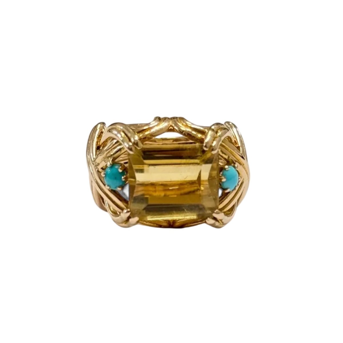 Bague Cocktail en or jaune, citrine et turquoises - Castafiore