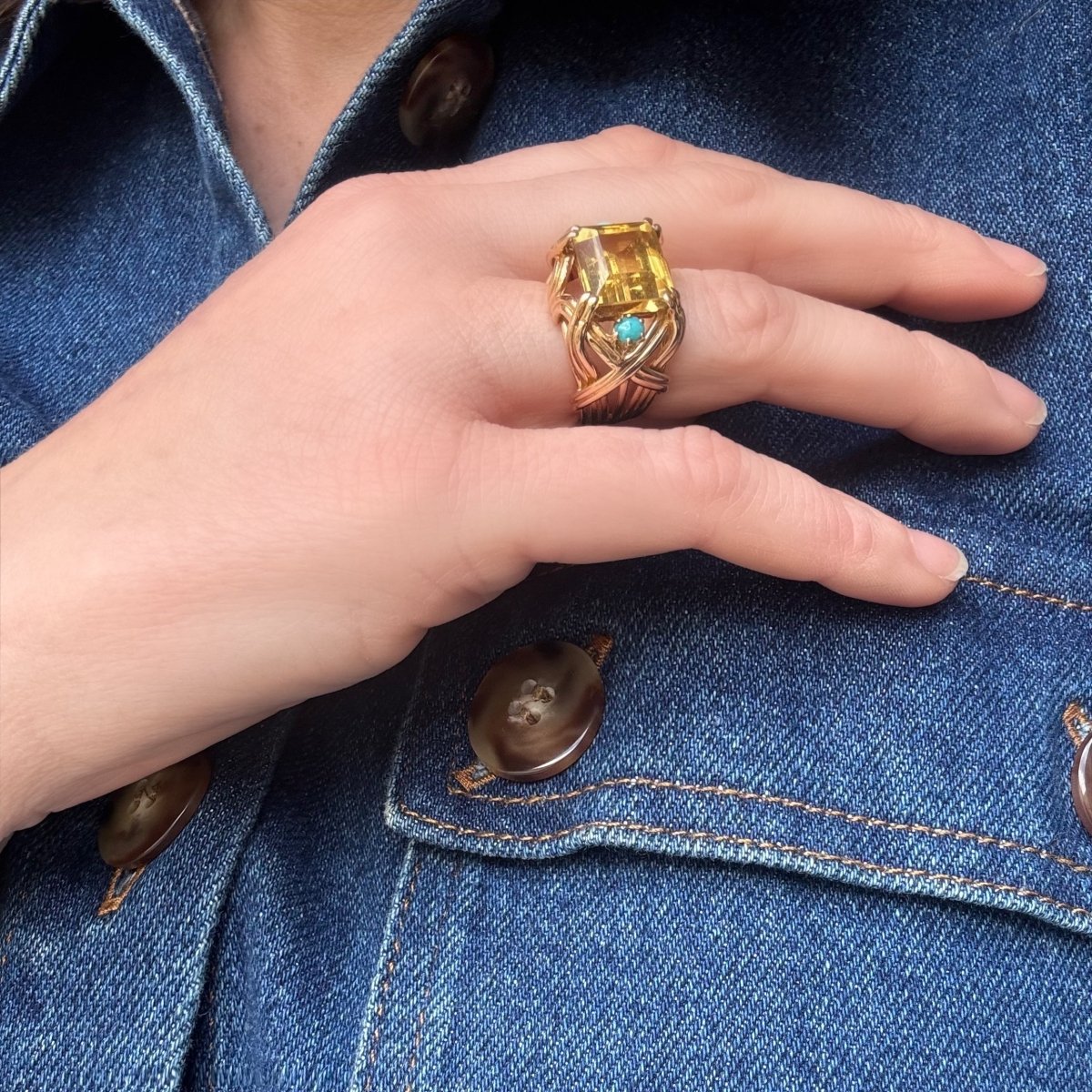 Bague Cocktail en or jaune, citrine et turquoises - Castafiore