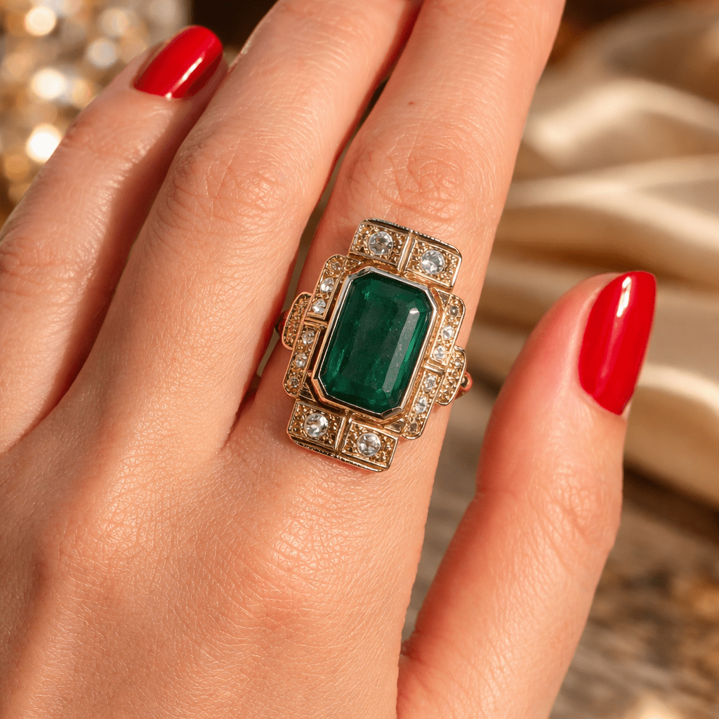 Bague Cocktail en or jaune, émeraude et diamants - Castafiore