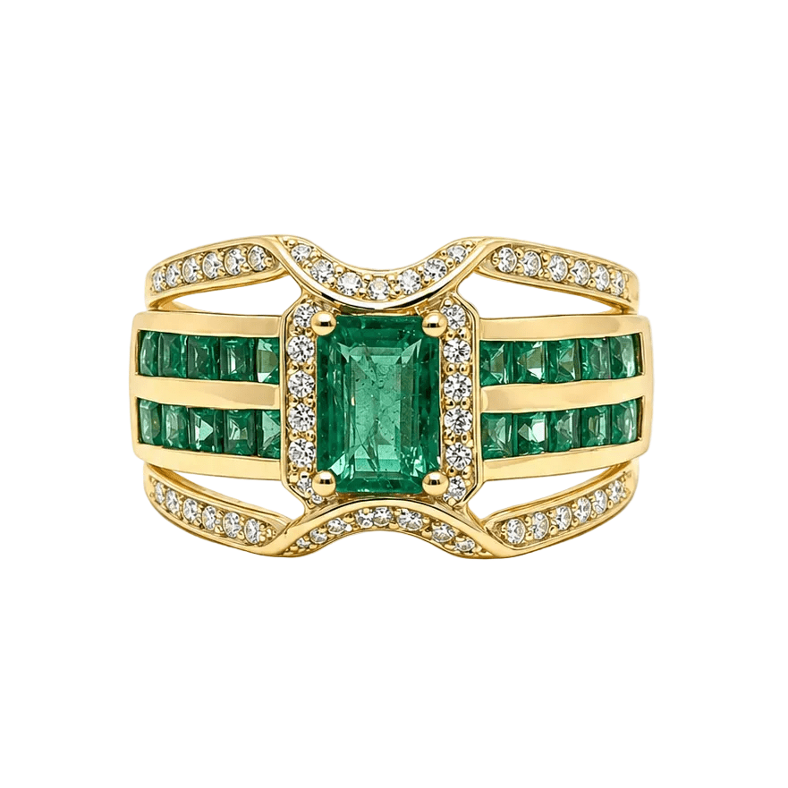 Bague Cocktail en or jaune, émeraudes et diamants - Castafiore