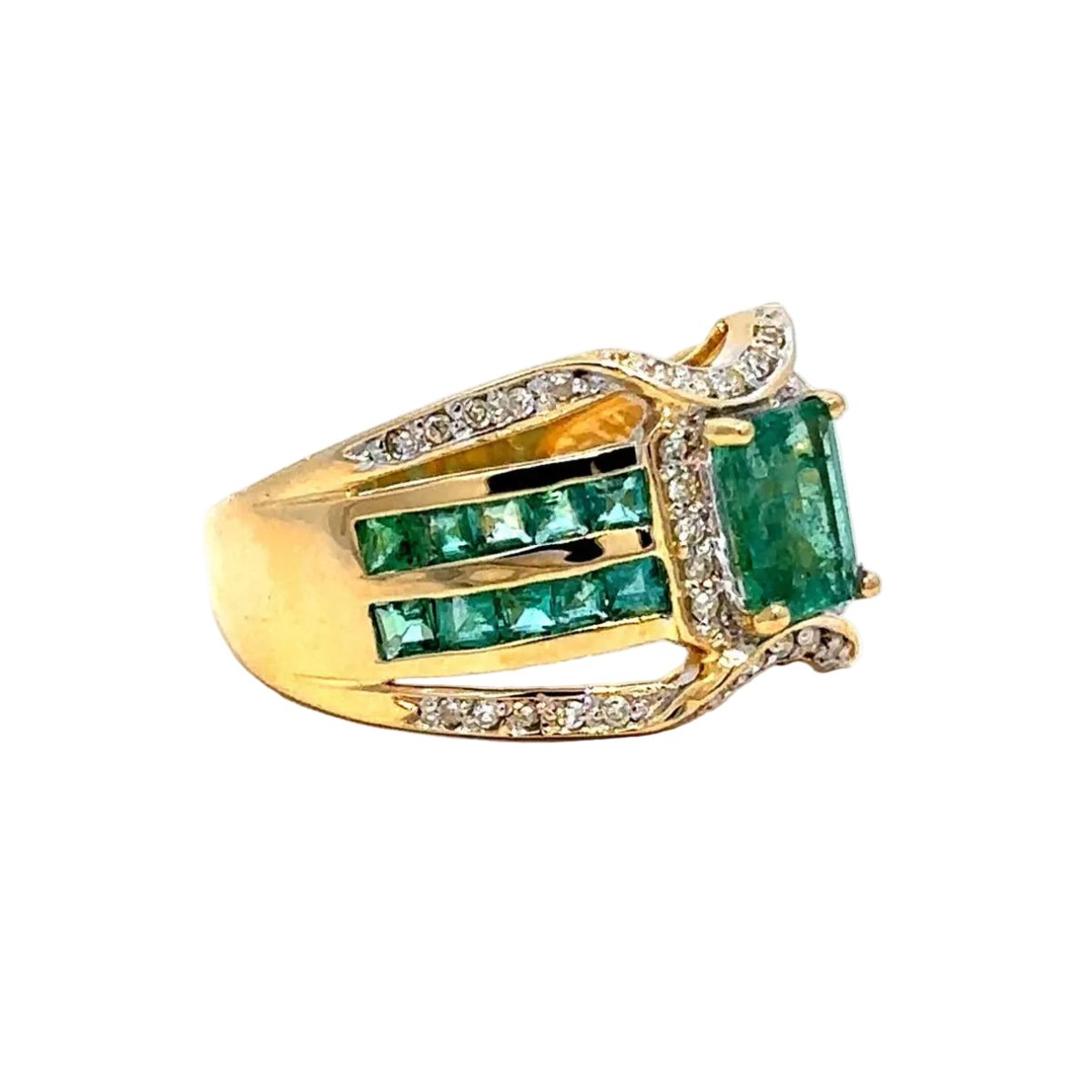 Bague Cocktail en or jaune, émeraudes et diamants - Castafiore