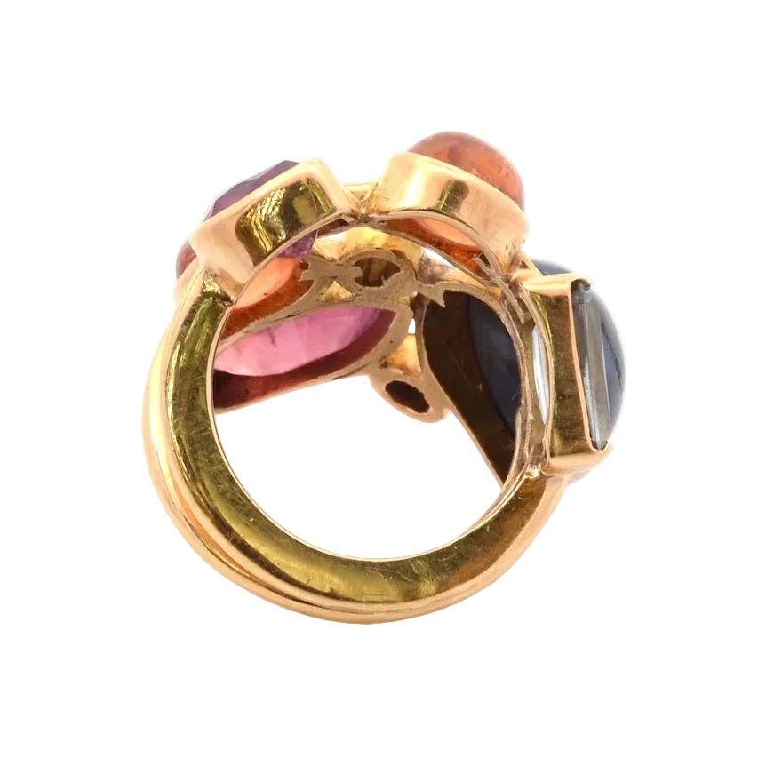 Bague Cocktail en or jaune, rubis, saphirs, aigue - marine et diamants - Castafiore