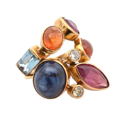 Bague Cocktail en or jaune, rubis, saphirs, aigue - marine et diamants - Castafiore