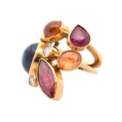 Bague Cocktail en or jaune, rubis, saphirs, aigue - marine et diamants - Castafiore
