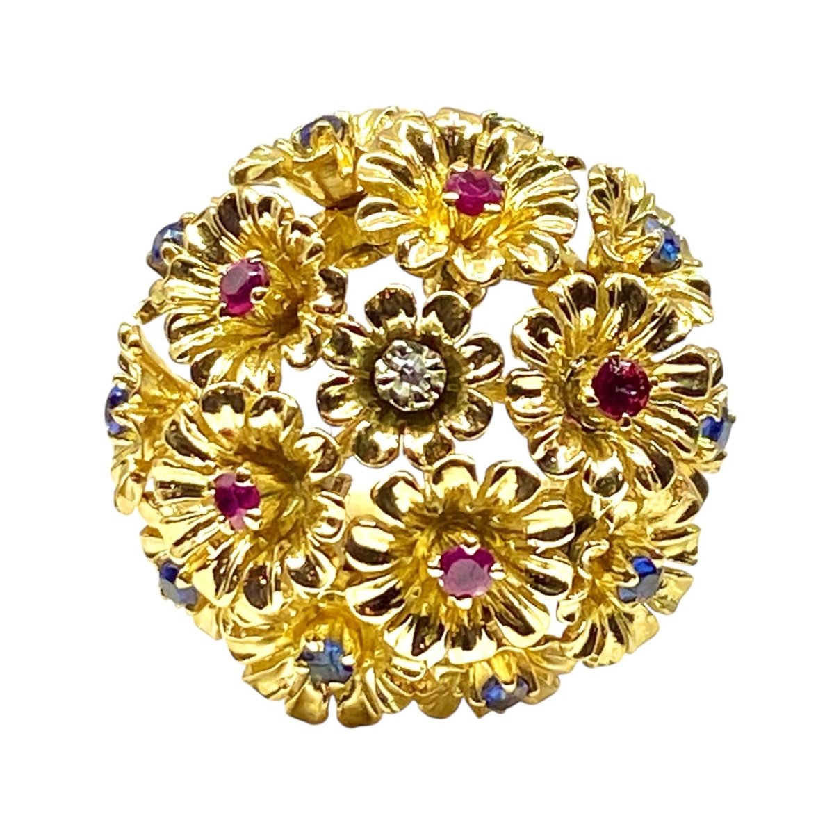 Bague Cocktail en or jaune, saphir, rubis et diamant - Castafiore