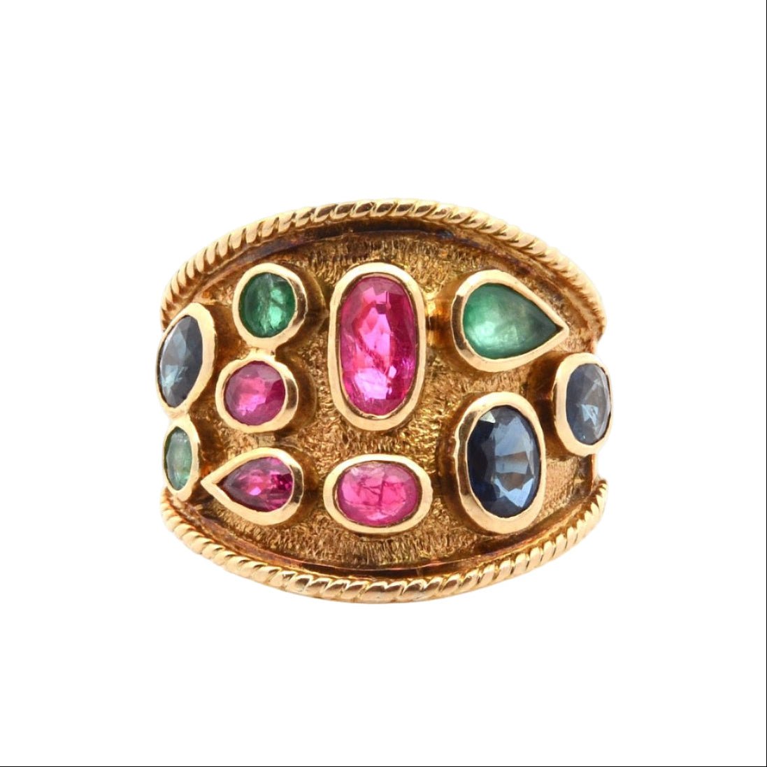 Bague Cocktail en or jaune, saphirs, rubis, et émeraudes - Castafiore