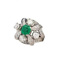 Bague Cocktail en platine, émeraude et diamants - Castafiore