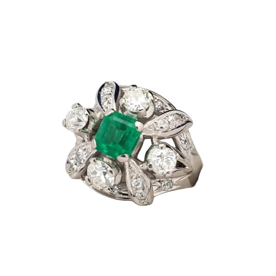 Bague Cocktail en platine, émeraude et diamants - Castafiore