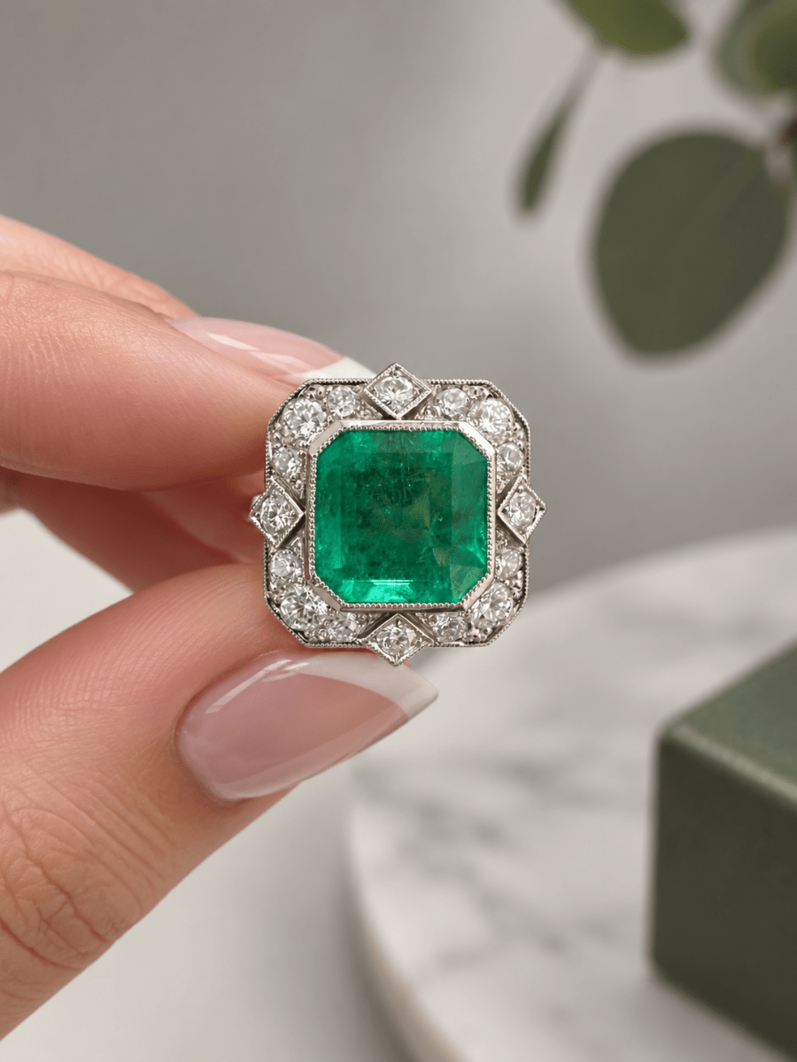 Bague Cocktail en platine, émeraude et diamants - Castafiore