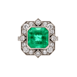 Bague Cocktail en platine, émeraude et diamants - Castafiore