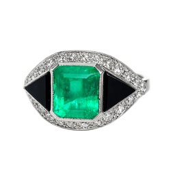Bague Cocktail en platine, onyx, émeraude et diamants - Castafiore