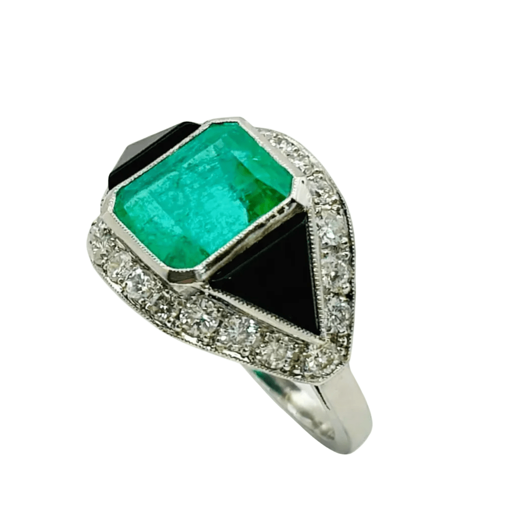 Bague Cocktail en platine, onyx, émeraude et diamants - Castafiore