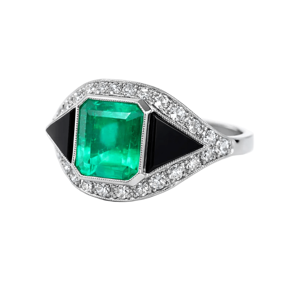 Bague Cocktail en platine, onyx, émeraude et diamants - Castafiore