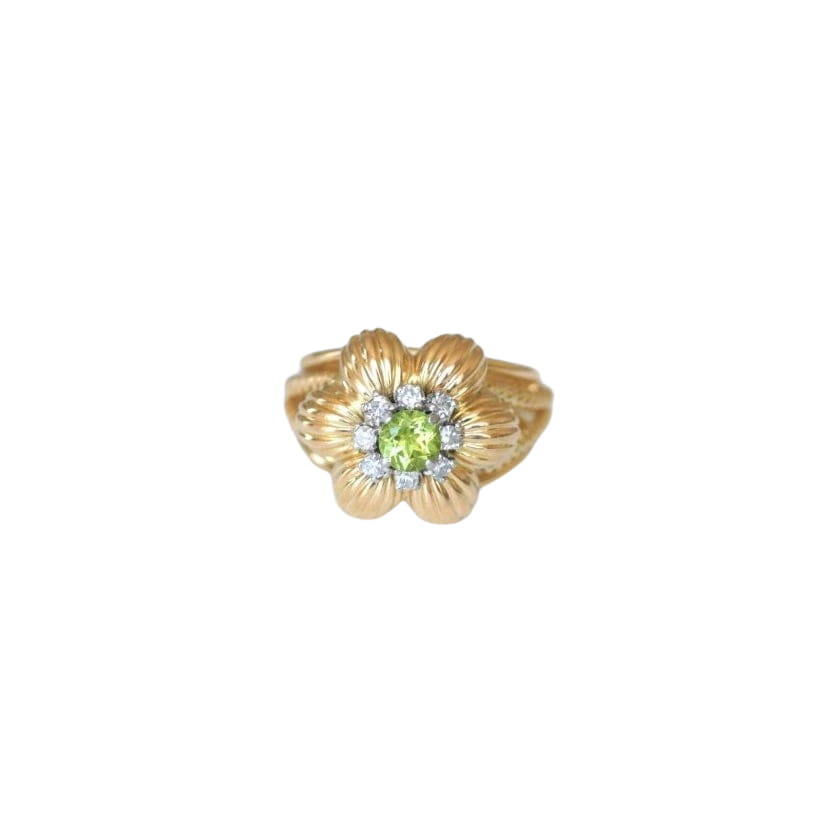 Bague Cocktail Fleur Péridot Diamants Or Jaune - Castafiore