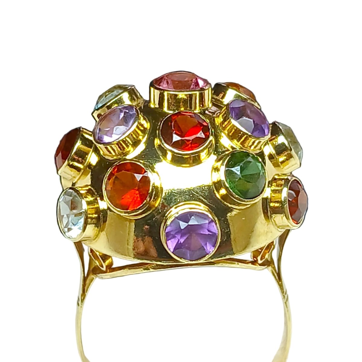 Bague Cocktail H.STERN "Spoutnik" en or jaune, tourmaline, aigue - marine, citrine et grenat. - Castafiore