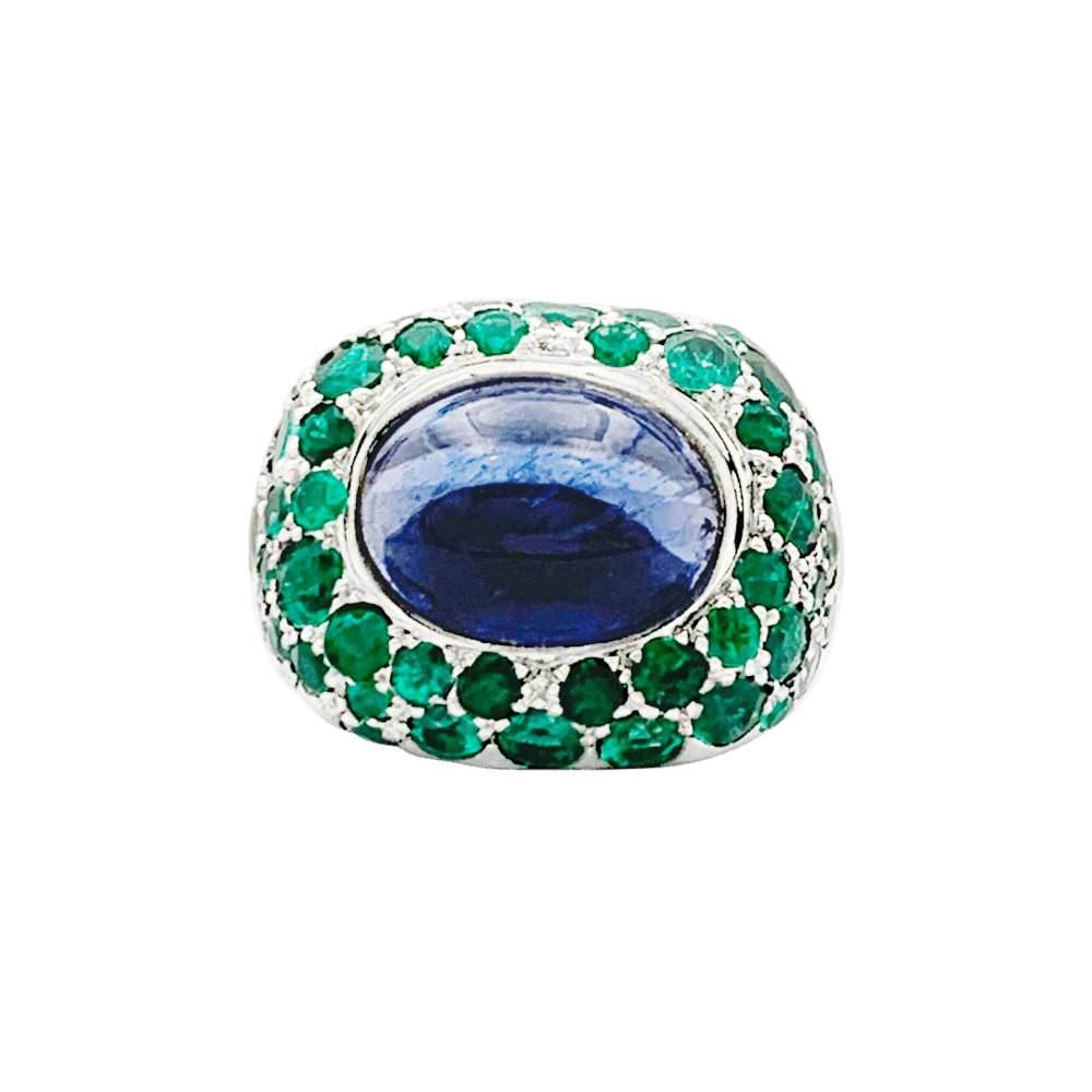 Bague Cocktail POIRAY "Cabaret" en or blanc, iolite et émeraudes - Castafiore