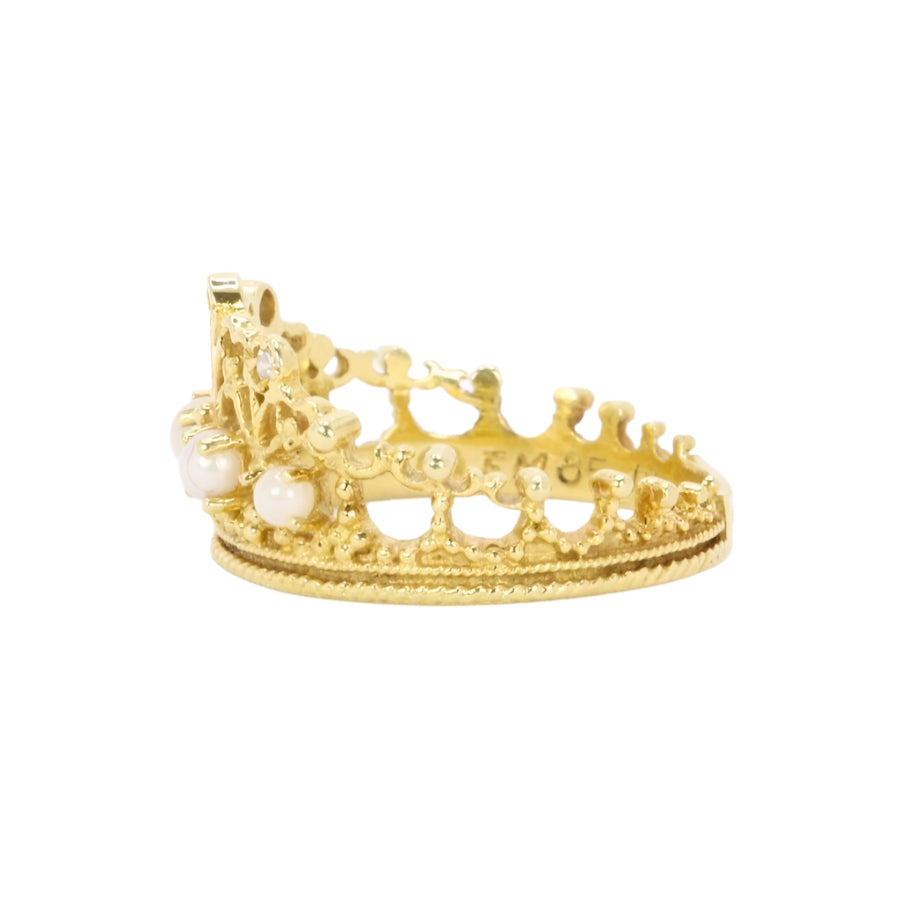 Bague couronne or jaune diamants perles - Castafiore