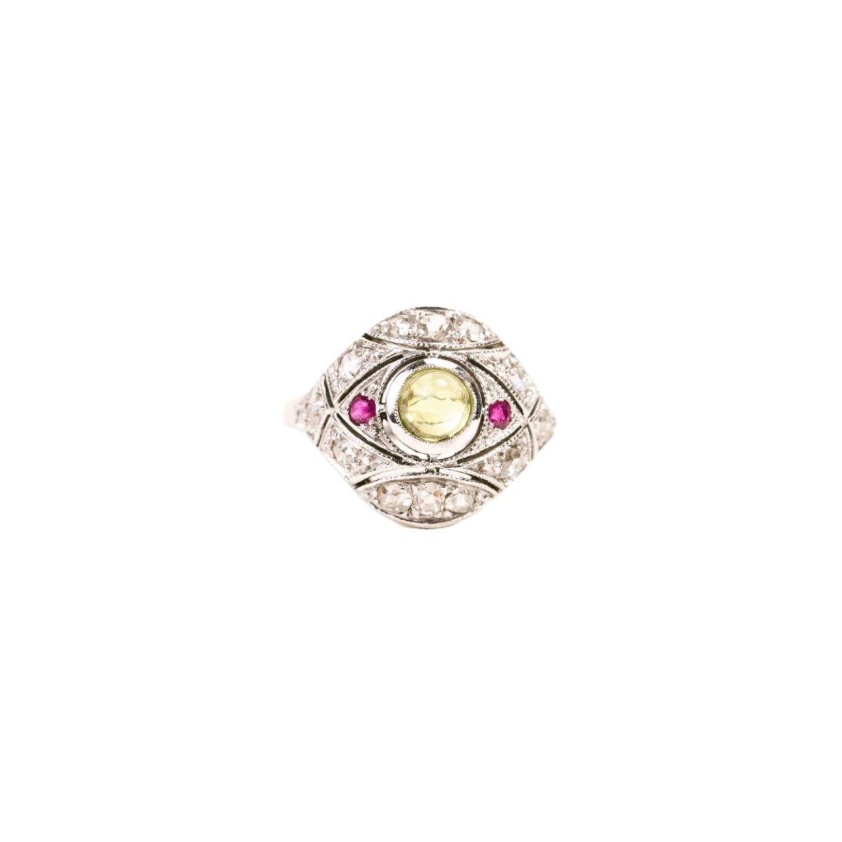 Bague Dôme en or blanc, péridot et rubis - Castafiore