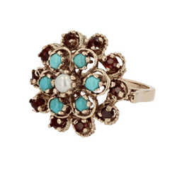 Bague Dôme en or jaune, citrines, turquoises et perles - Castafiore