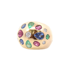 Bague Dôme en or jaune, émeraudes, rubis, saphirs, tourmaline et diamants - Castafiore