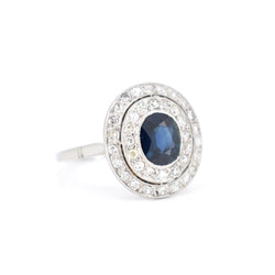 Bague Double Halo, Art Déco, Or 18 Carats, Saphir et Diamants - Castafiore