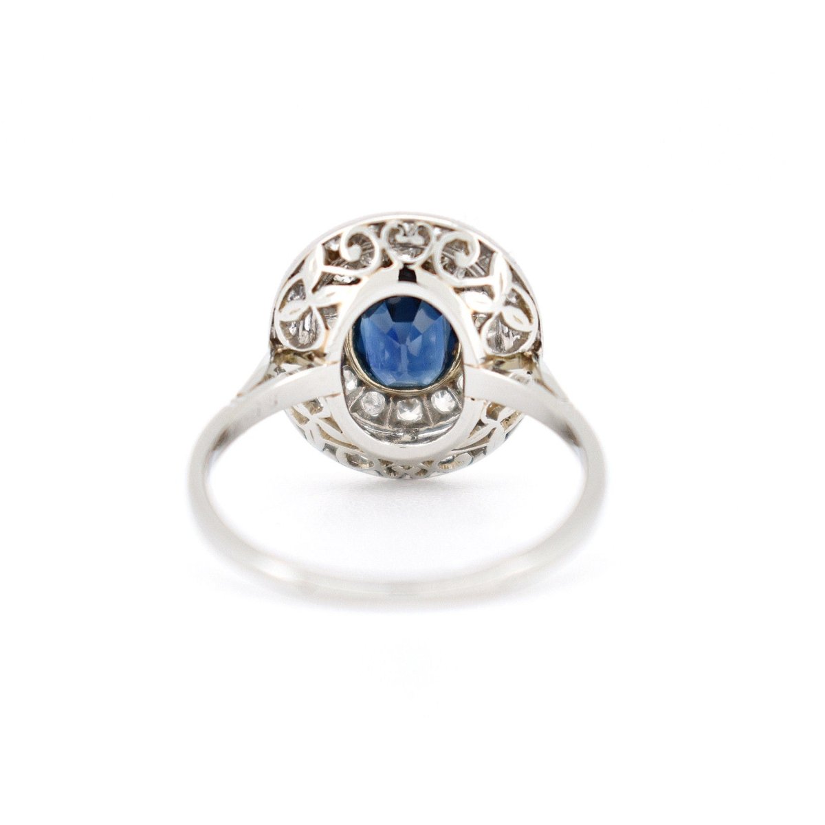 Bague Double Halo, Art Déco, Or 18 Carats, Saphir et Diamants - Castafiore