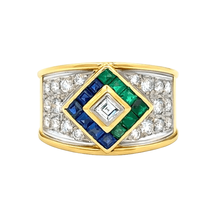 Bague en or blanc, or jaune, saphirs, émeraudes et diamants - Castafiore