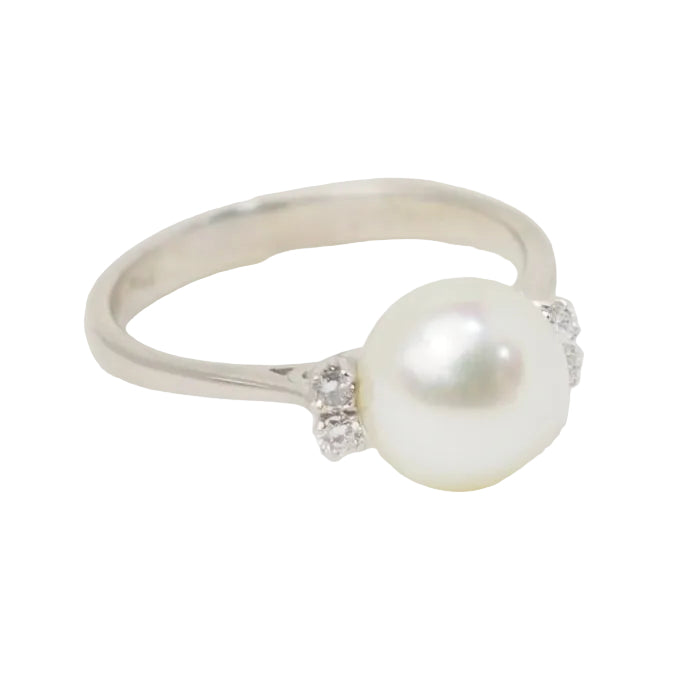 Bague en or blanc, perle de culture et diamants - Castafiore