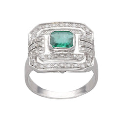 Bague en or gris 18k avec emeraude et diamants taille ancienne vers 1970. Taille 56. - Castafiore