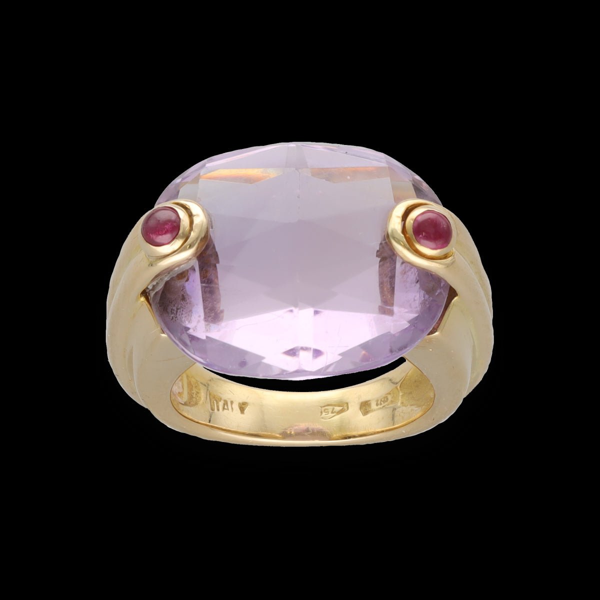 Bague en or jaune 18 Cts massif avec une Améthyste et Rubis cabochons. Taille 47 - 48. - Castafiore