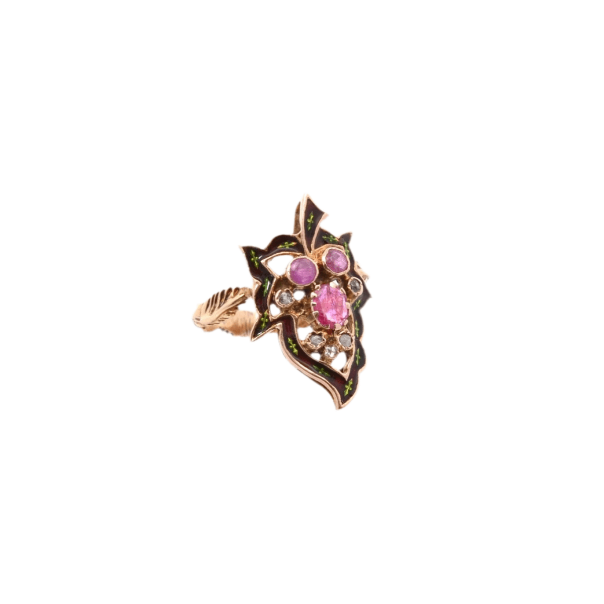 Bague en or jaune, émail, rubis et diamants - Castafiore