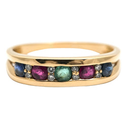 Bague en or jaune, émeraude, rubis, saphirs et diamants - Castafiore