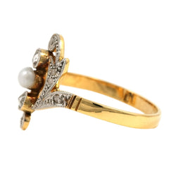 Bague en or jaune, perle et diamants - Castafiore