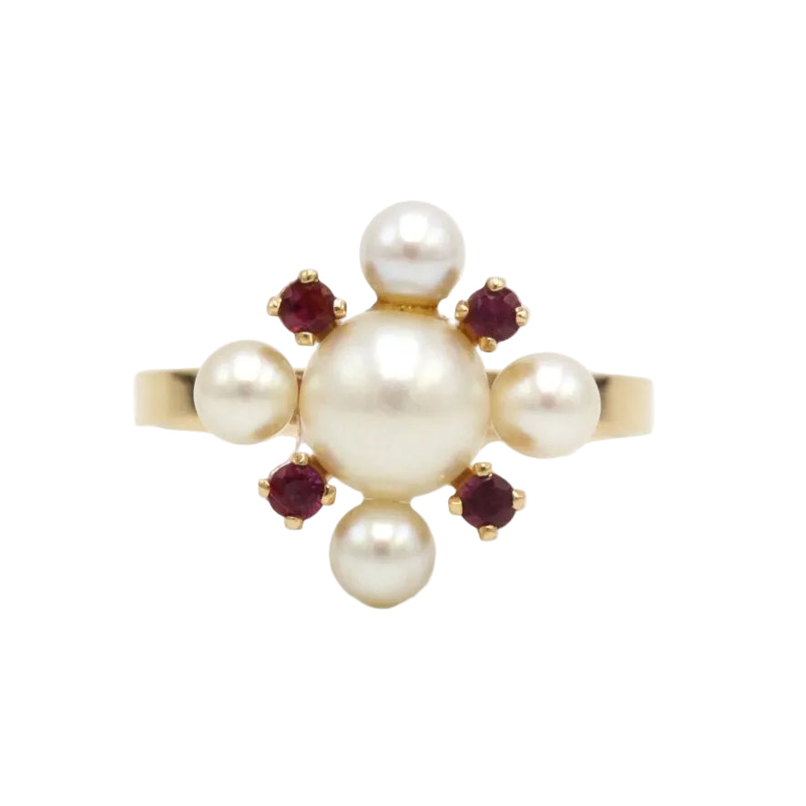 Bague en or jaune, rubis et perles - Castafiore