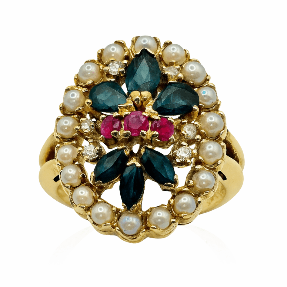 Bague en or jaune, rubis, saphirs, perles et diamants - Castafiore