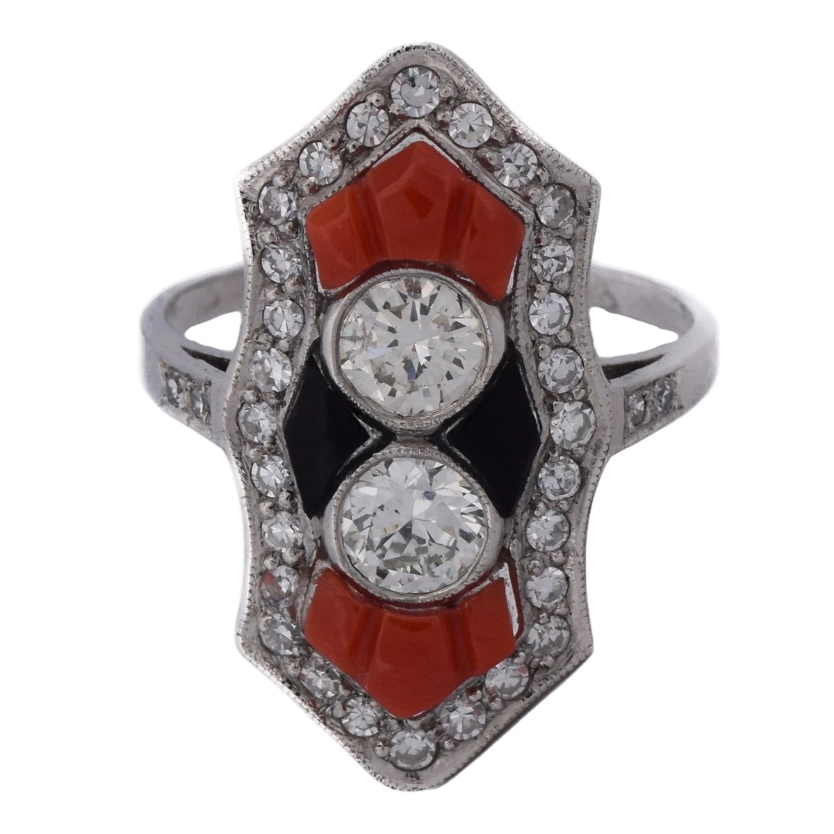 Bague en platine, corail, onyx et diamants - Castafiore