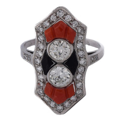 Bague en platine, corail, onyx et diamants - Castafiore