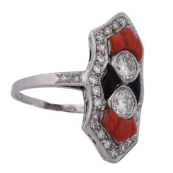 Bague en platine, corail, onyx et diamants - Castafiore