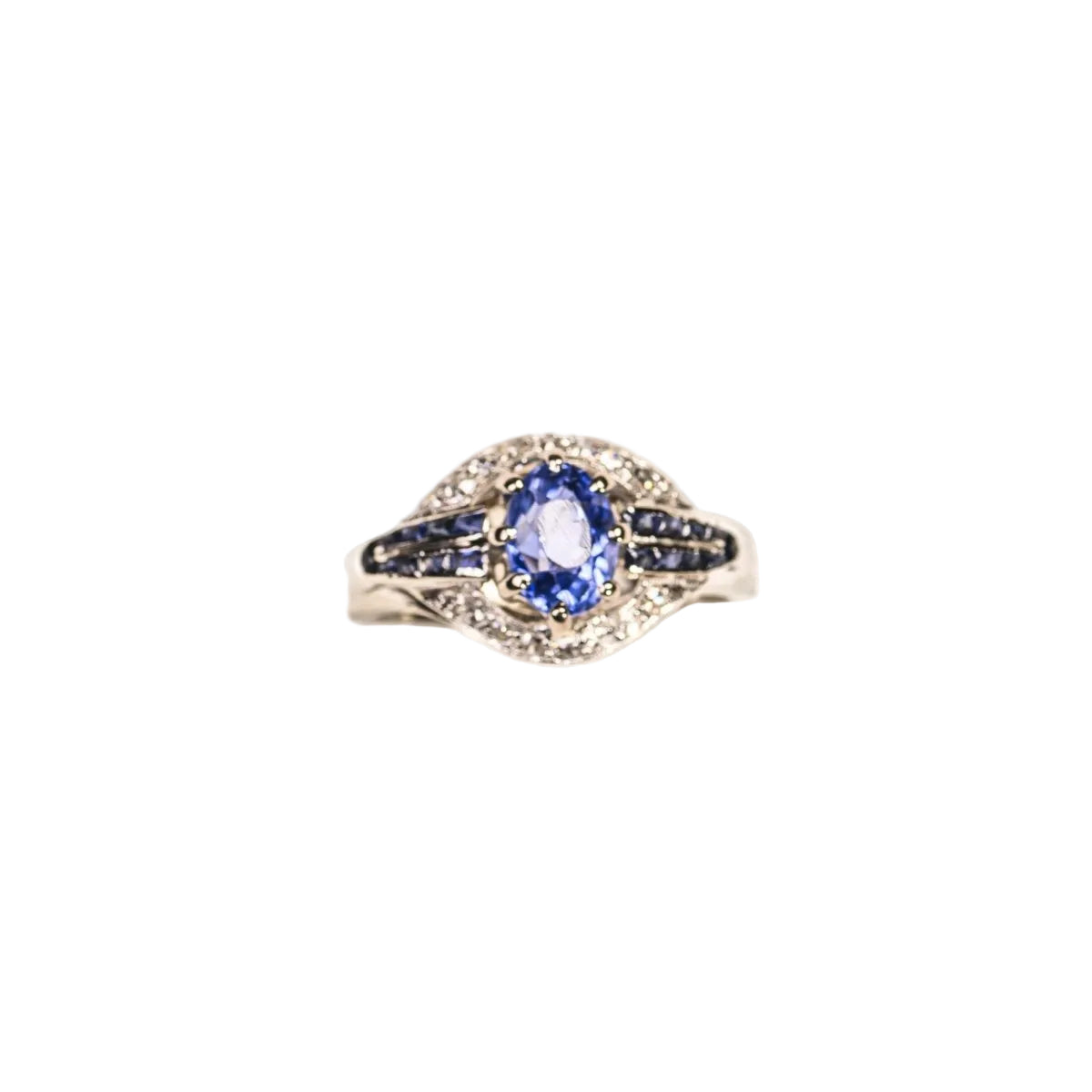 Bague Entourage Art Déco en or blanc et platine, saphir de Ceylan - Castafiore